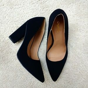 black pointed nubuck leather chunky heel pumps